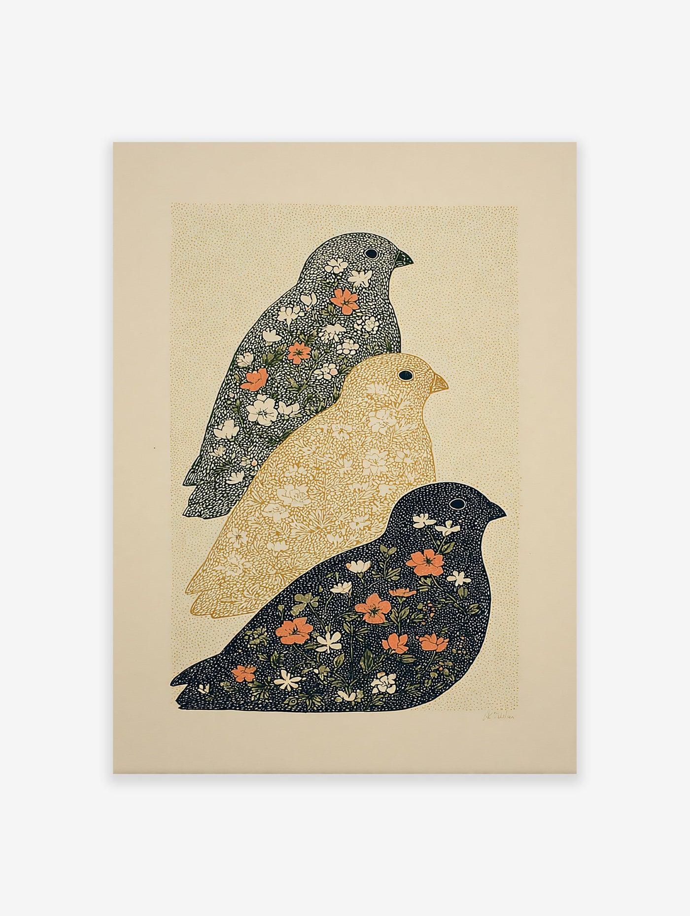 Three stylized floral bird wall art prints in dark blue, golden yellow, and grey with white and orange flowers on a speckled background.