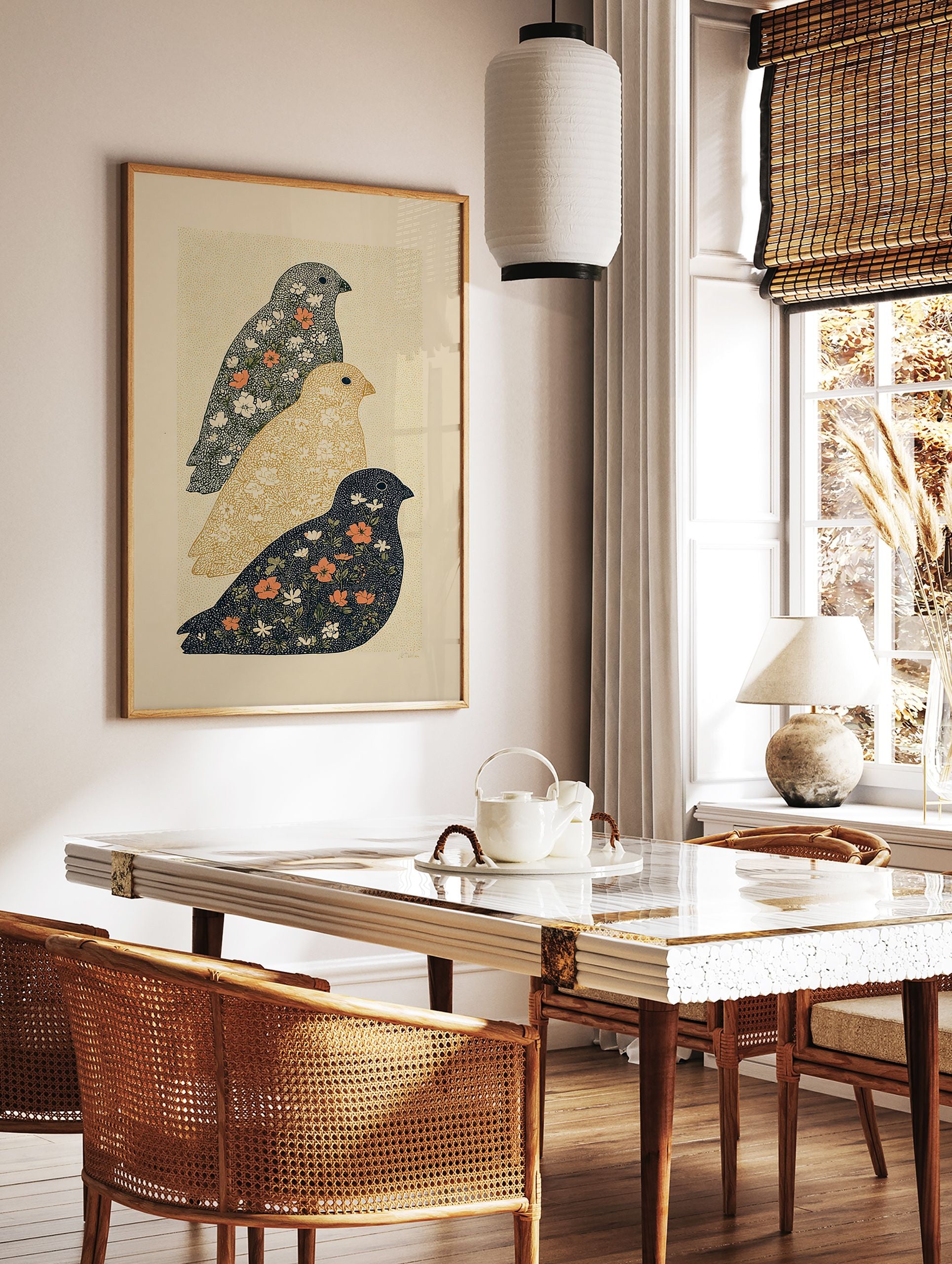 Three stylized floral bird wall art prints in dark blue, golden yellow, and grey with white and orange flowers on a speckled background. - Image 2