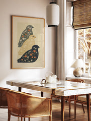 Three stylized floral bird wall art prints in dark blue, golden yellow, and grey with white and orange flowers on a speckled background. - Image 2