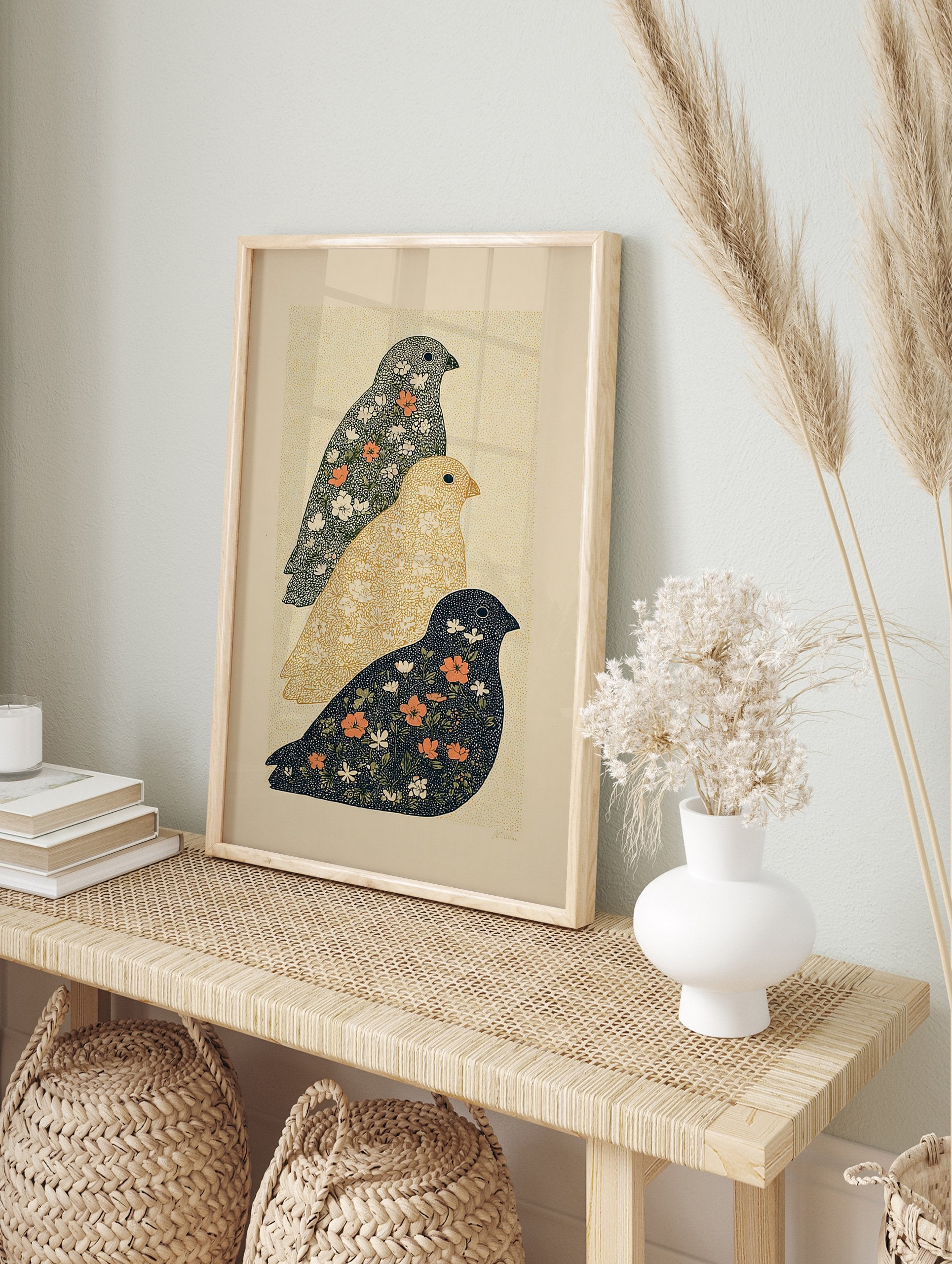 Three stylized floral bird wall art prints in dark blue, golden yellow, and grey with white and orange flowers on a speckled background. - Image 3