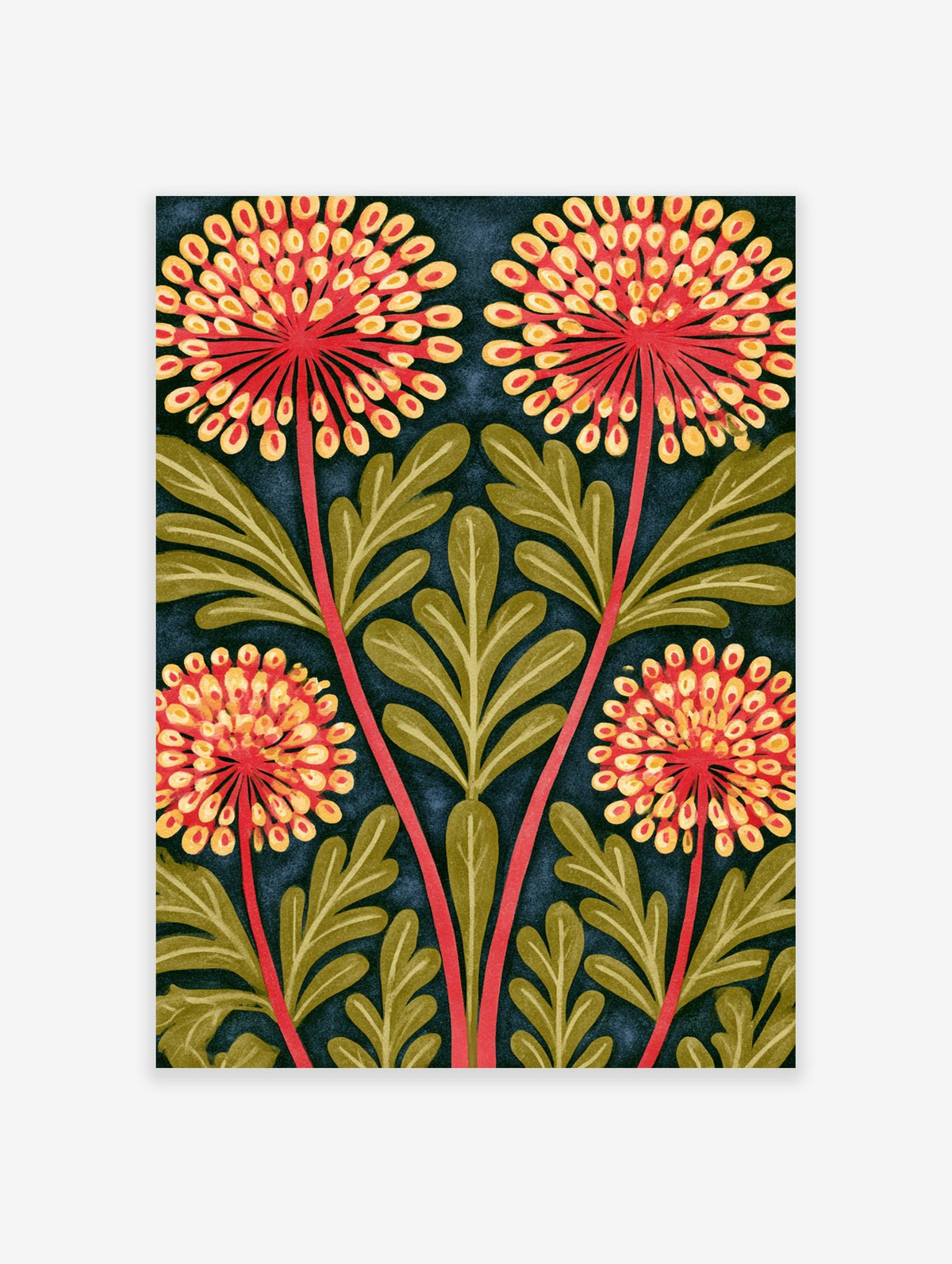 Stylized red and yellow botanical flower print with green leaves on a dark background as an unframed paper art print