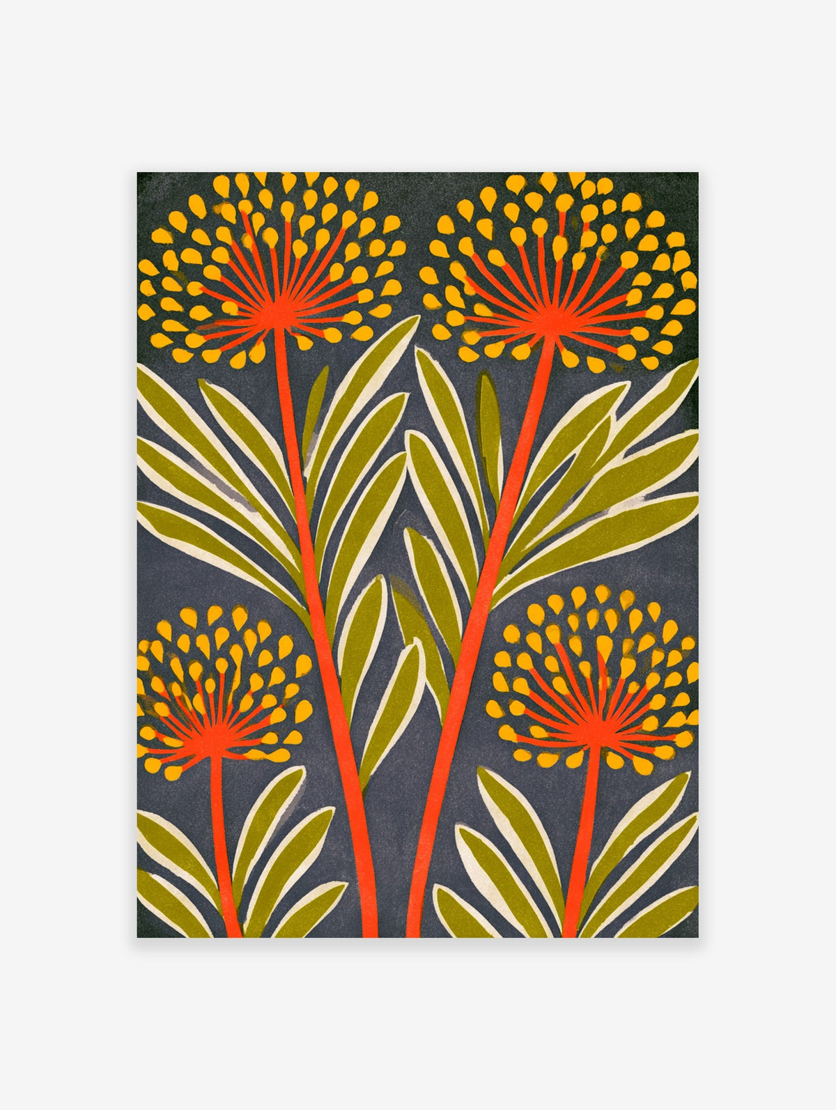Stylised yellow allium flowers with orange stems and green leaves on a dark charcoal background, floral botanical wall art