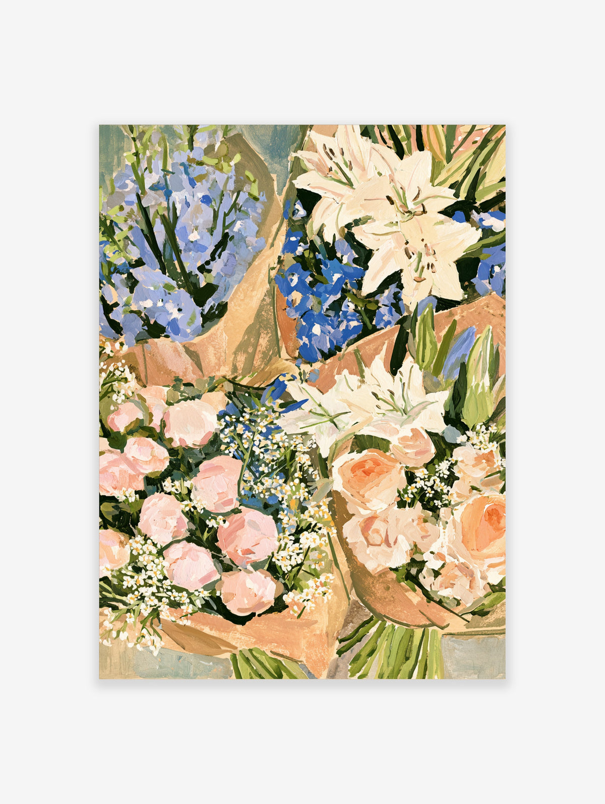 Impressionist floral bouquet poster with pink roses, white lilies and blue flowers in brown paper