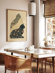Floral cat art print featuring three stacked cats with botanical patterns in dark green, cream, and black on a light background. - Image 2