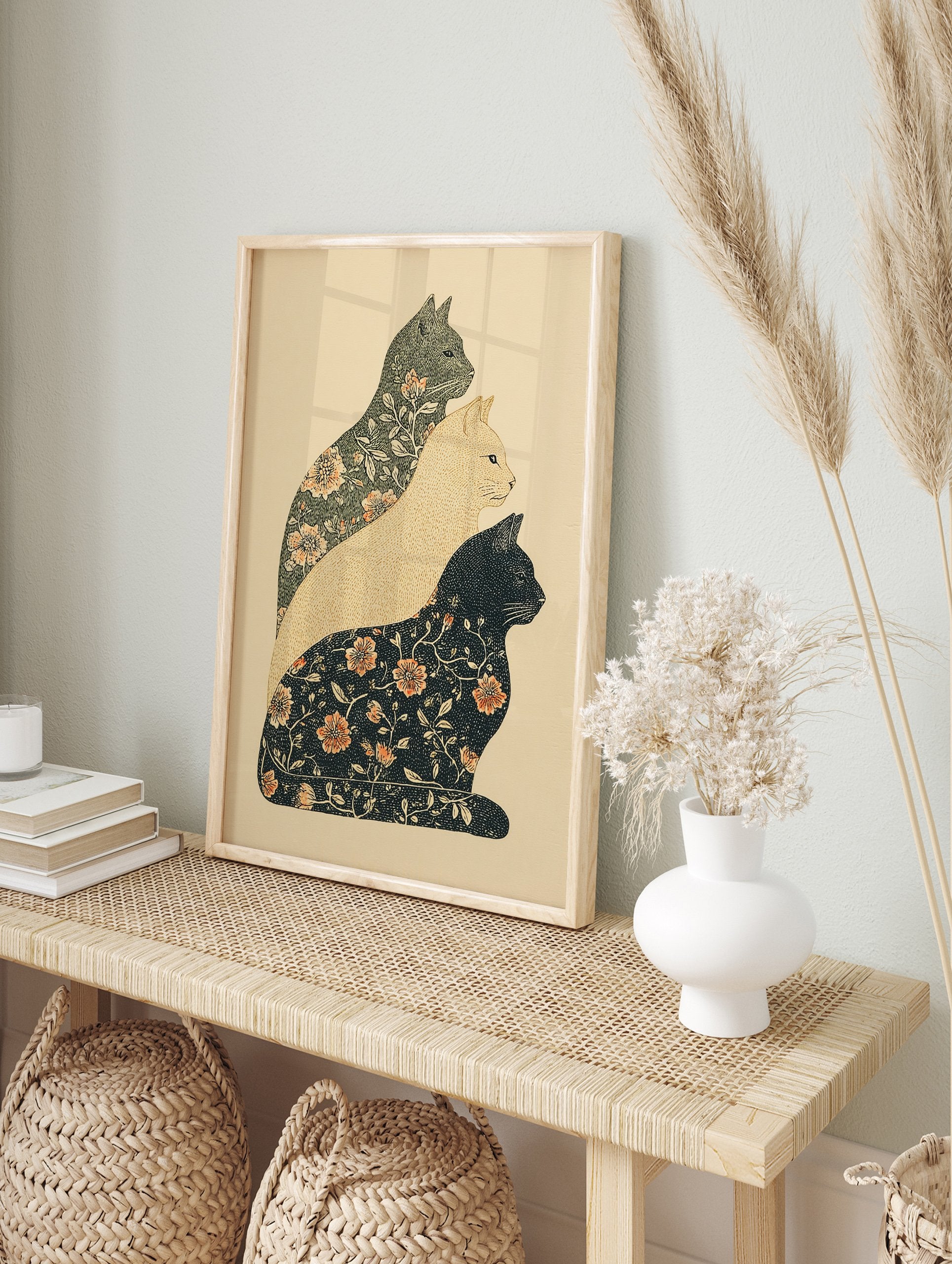 Floral cat art print featuring three stacked cats with botanical patterns in dark green, cream, and black on a light background. - Image 3