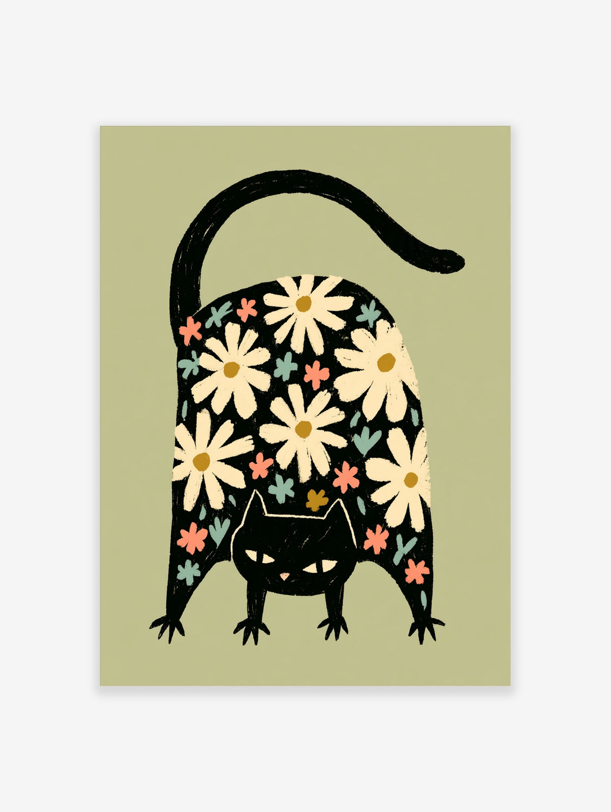 Black cat poster with cream daisies on its back, pink and blue flowers, pale green background
