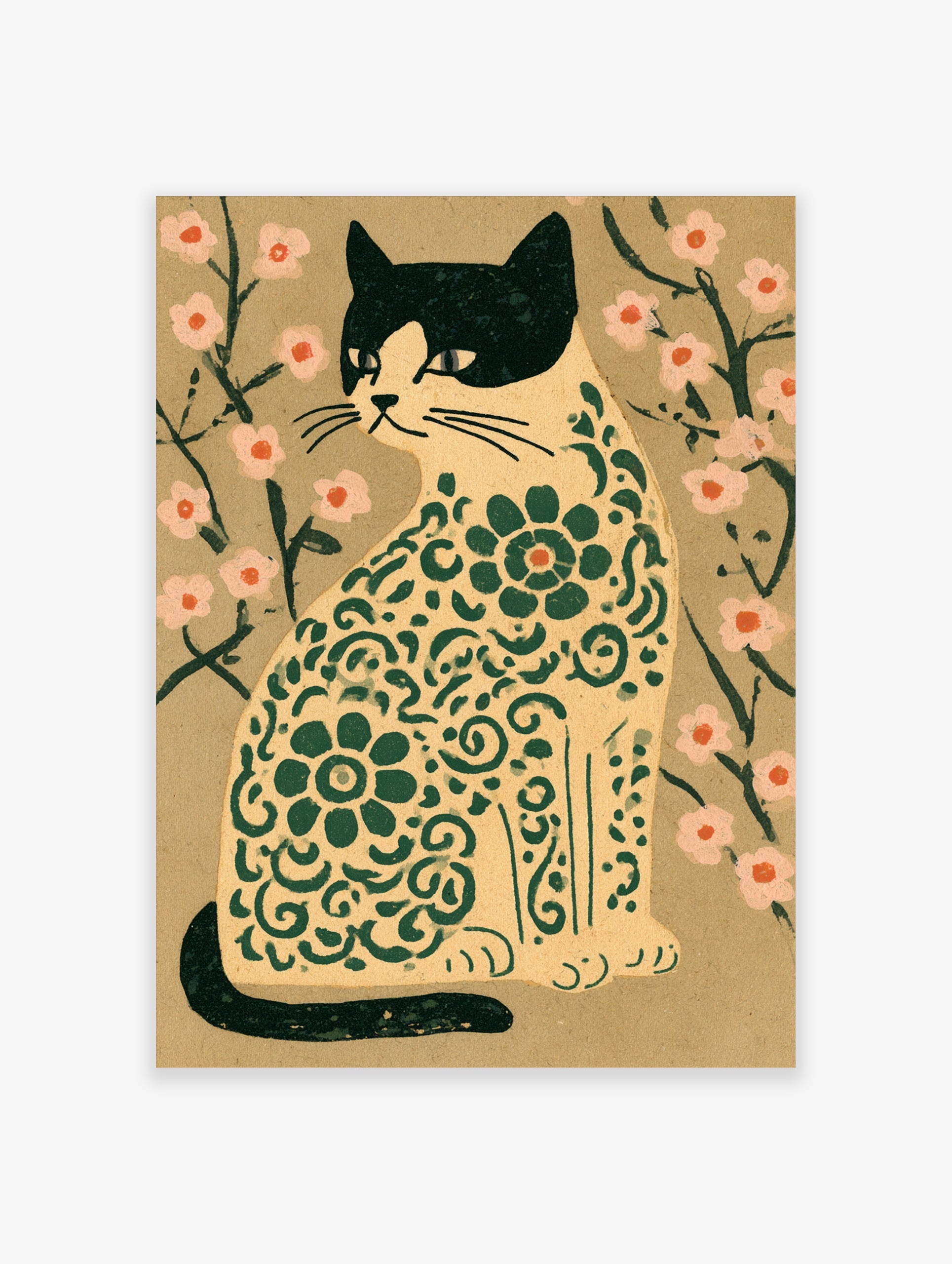 Stylized cat illustration with green floral patterns and pink flowers on a tan background, illustrative wall art print