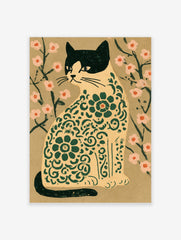 Stylized cat illustration with green floral patterns and pink flowers on a tan background, illustrative wall art print