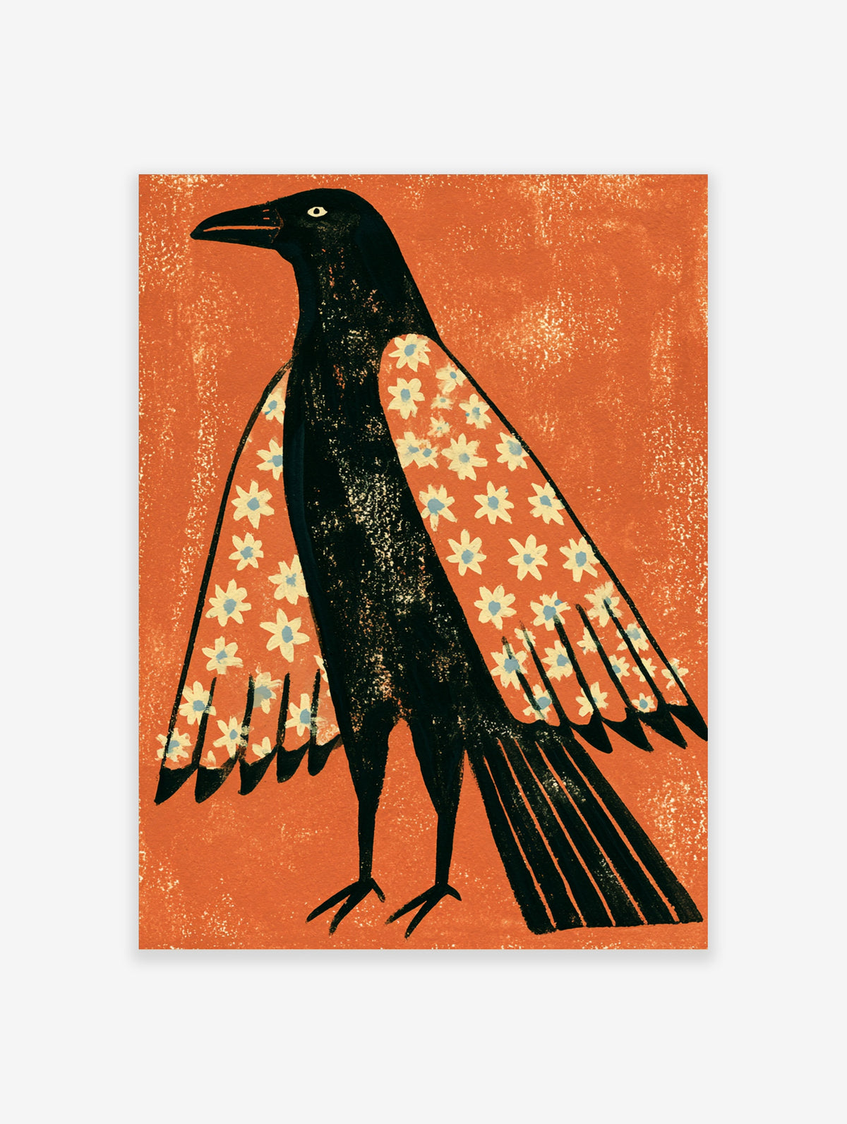Black crow with floral patterned wings on orange background art print