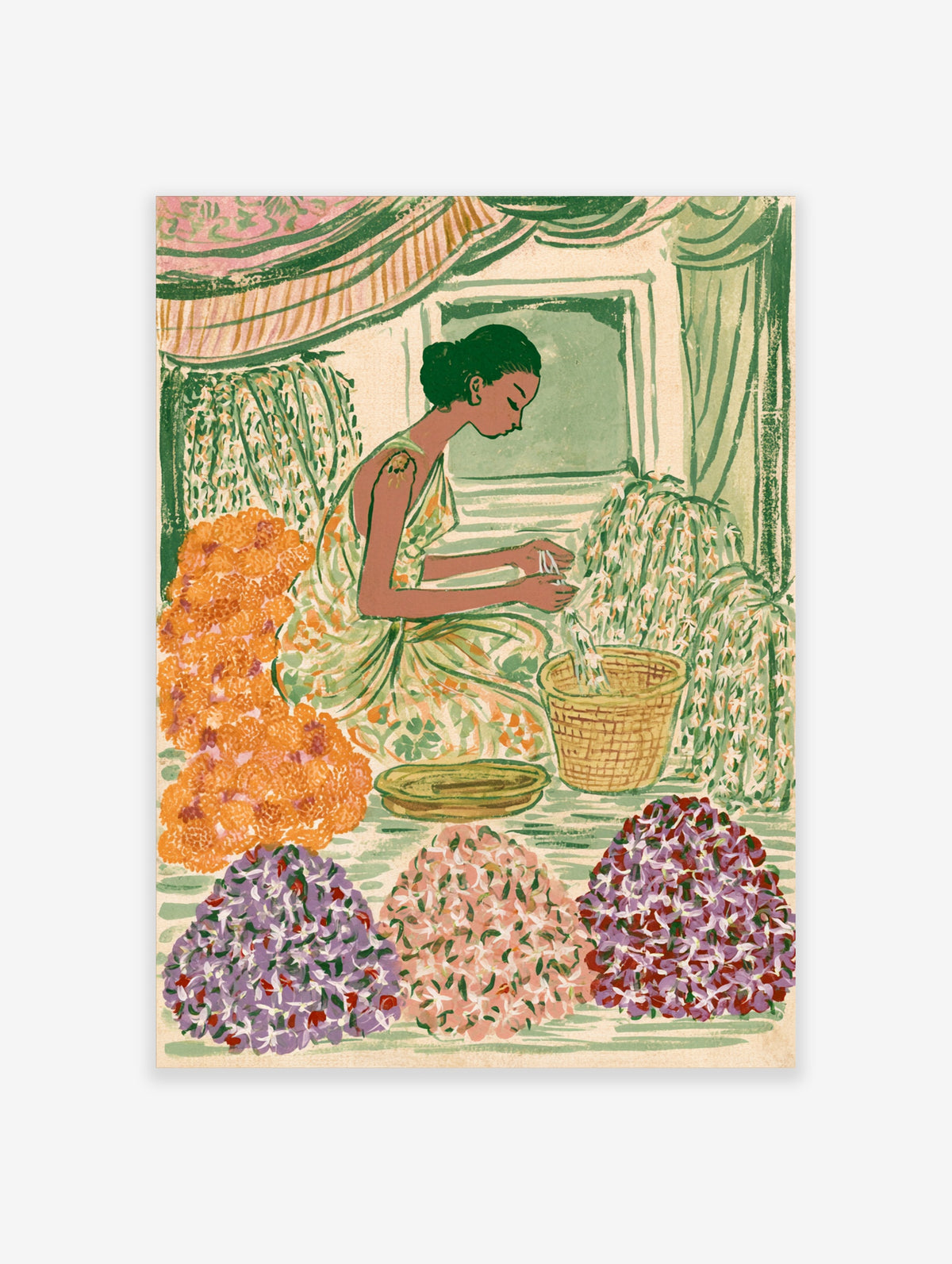 Indian flower garland maker poster with seated woman threading jasmine, baskets, and floral heaps