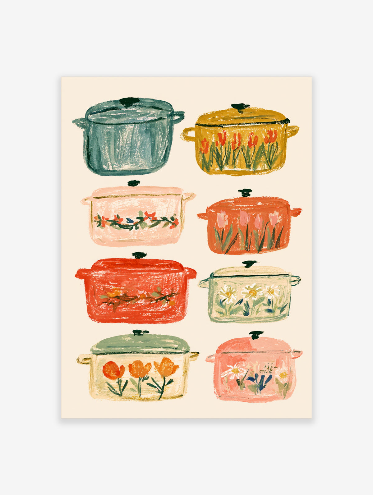 Colourful kitchen poster of eight hand-painted enamel pots with floral motifs on a cream background