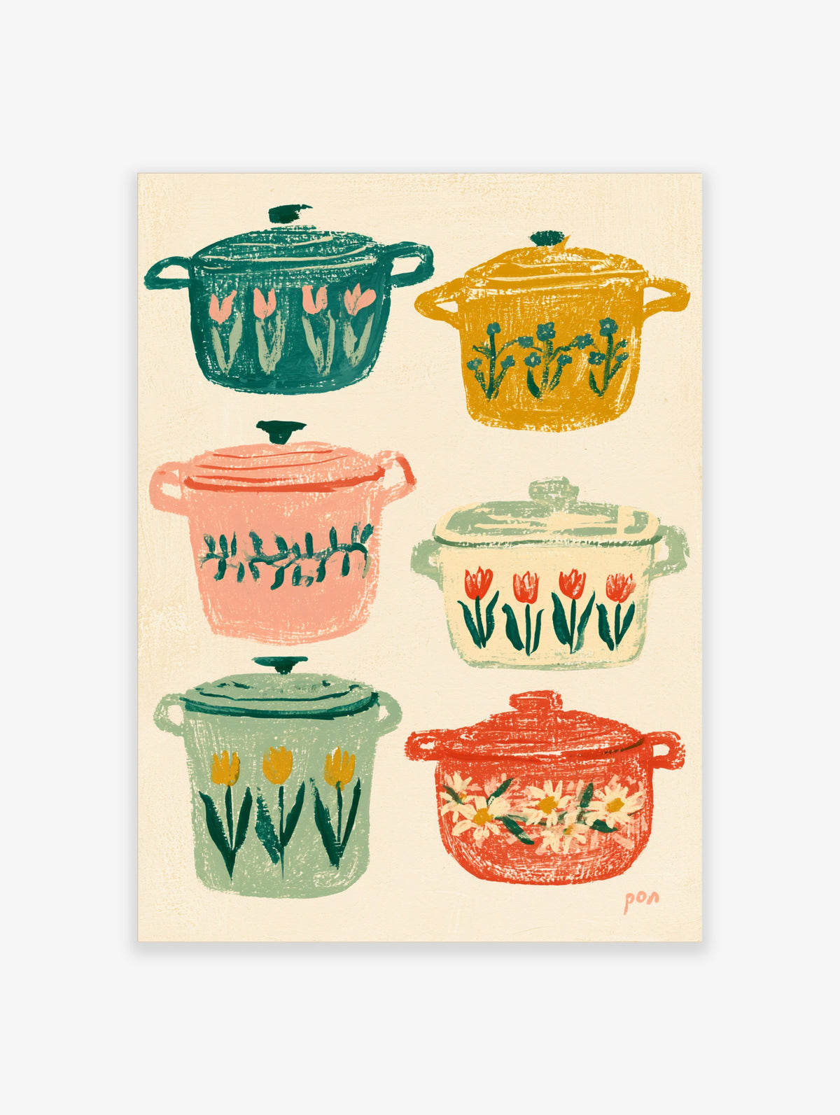 Colourful kitchen poster with six retro enamel pots and floral motifs on a neutral background