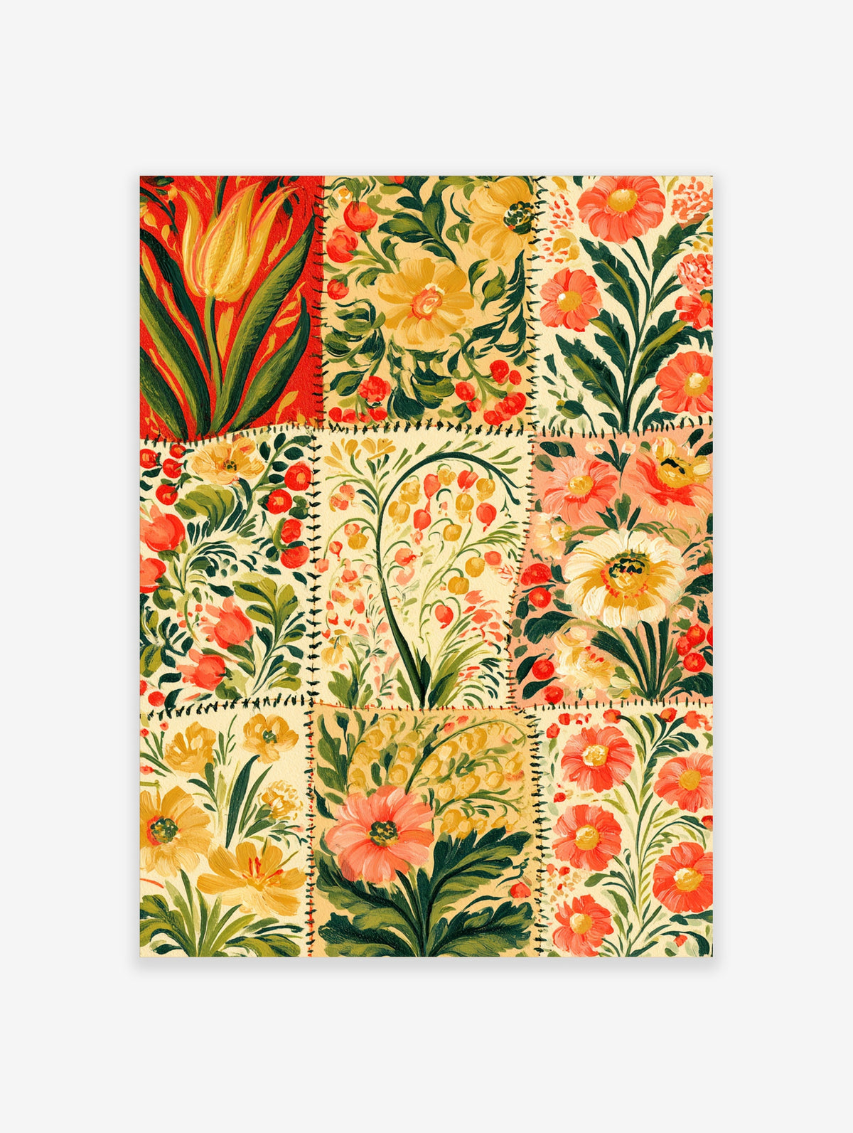 Colourful floral patchwork art print with red, yellow and pink flowers in stitched grid panels