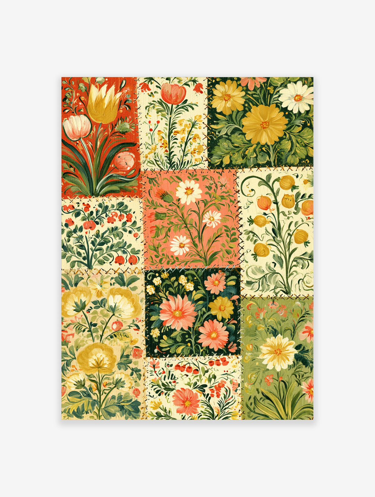 Vintage floral patchwork art print with stitched squares of yellow, pink and red flowers on green foliage