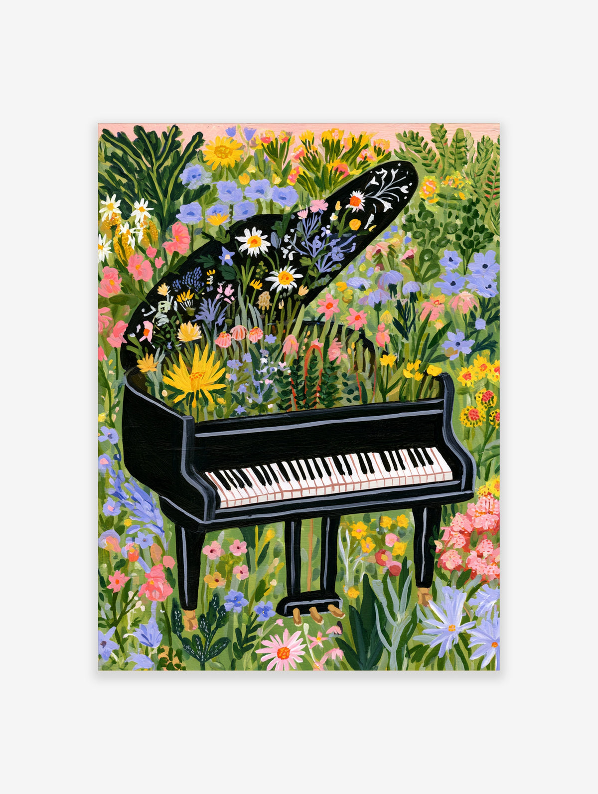Floral piano wall art featuring a black grand piano overflowing with colourful garden flowers and lush green foliage