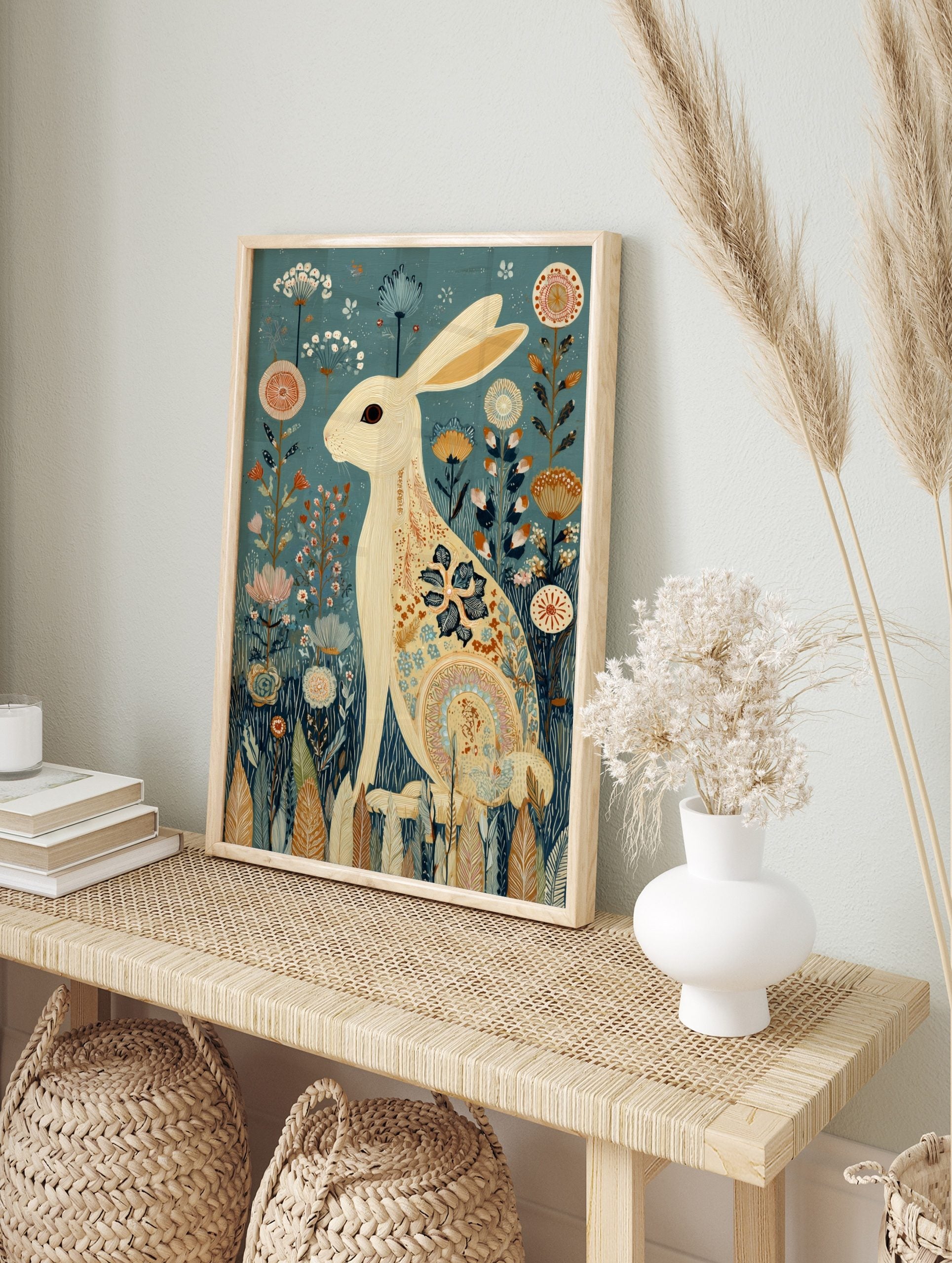 White rabbit with floral patterns sitting in a field of stylised flowers on a teal background, in an alternate framed mockup