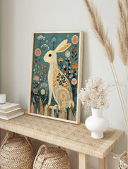 White rabbit with floral patterns sitting in a field of stylised flowers on a teal background, in an alternate framed mockup