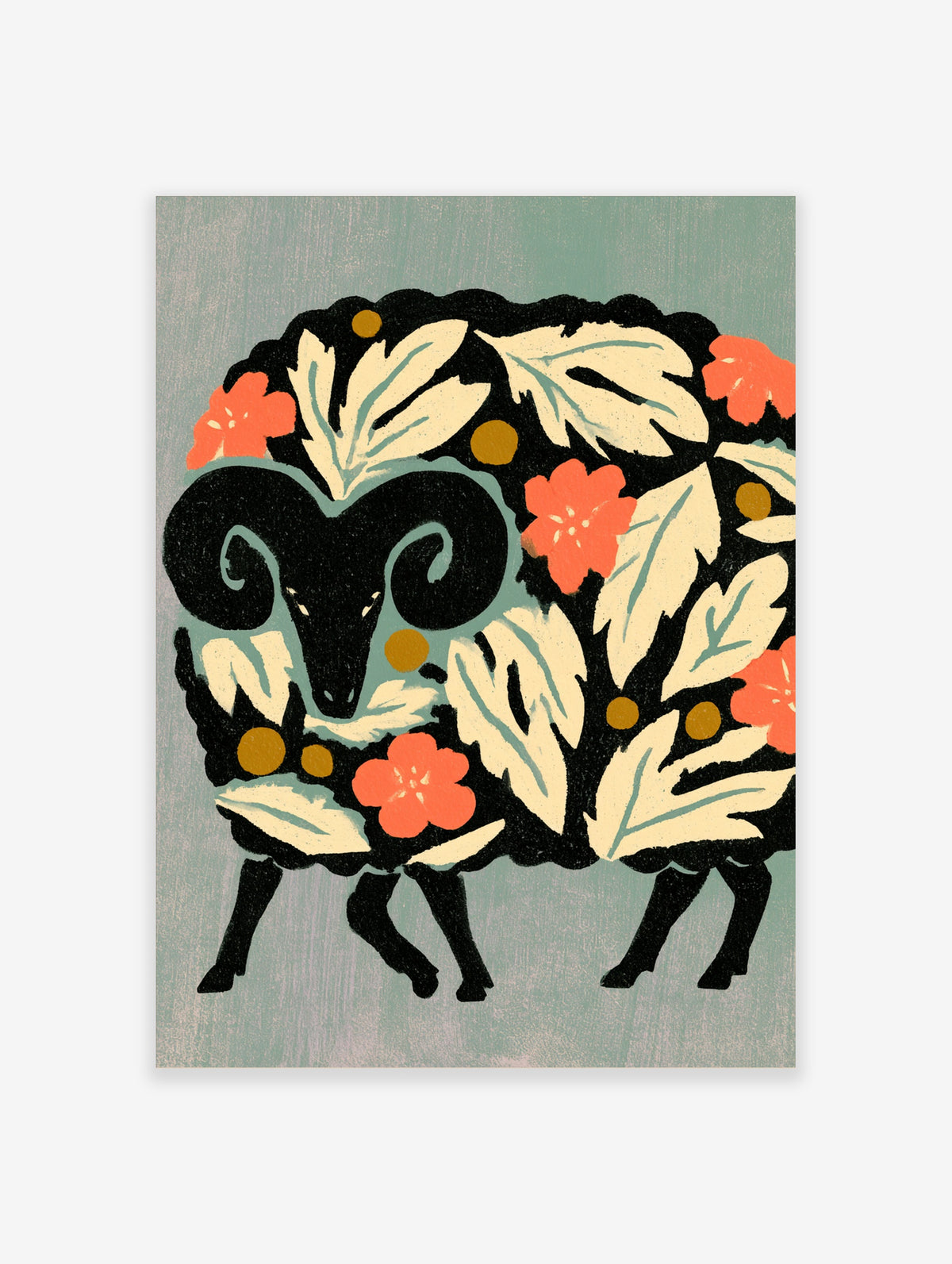 Black ram with curled horns and floral pattern, cream leaves and coral flowers on sage green background