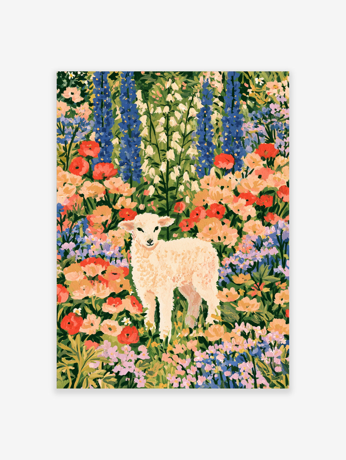 White lamb standing among blue delphiniums, red poppies and peach flowers in a colourful floral garden art print