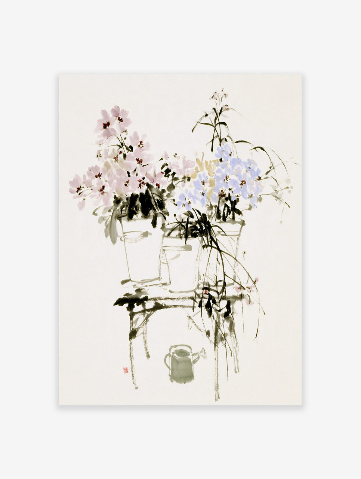 Ink wash botanical art print featuring pink and blue flowers in buckets on a table with a small watering can
