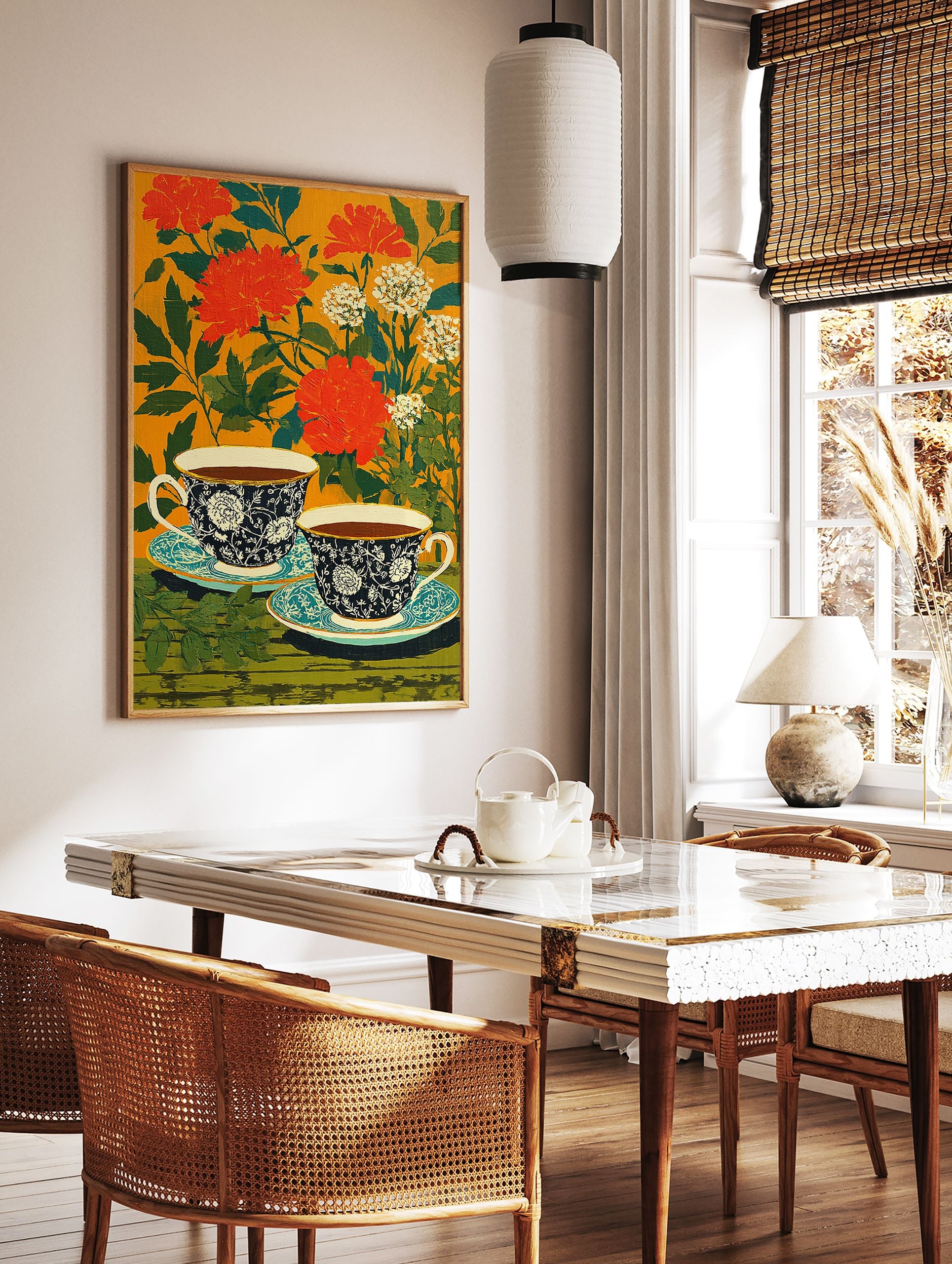 Floral tea cup poster with two dark blue patterned cups and saucers against an orange background with red flowers and green leaves. - Image 2