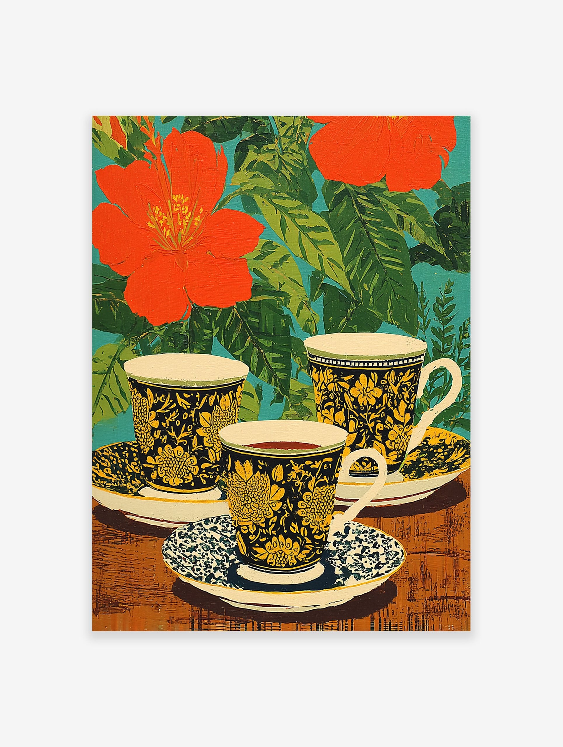 Floral tea cups poster with red flowers, green leaves, and black and yellow patterned cups on a wooden table.