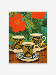 Floral tea cups poster with red flowers, green leaves, and black and yellow patterned cups on a wooden table.