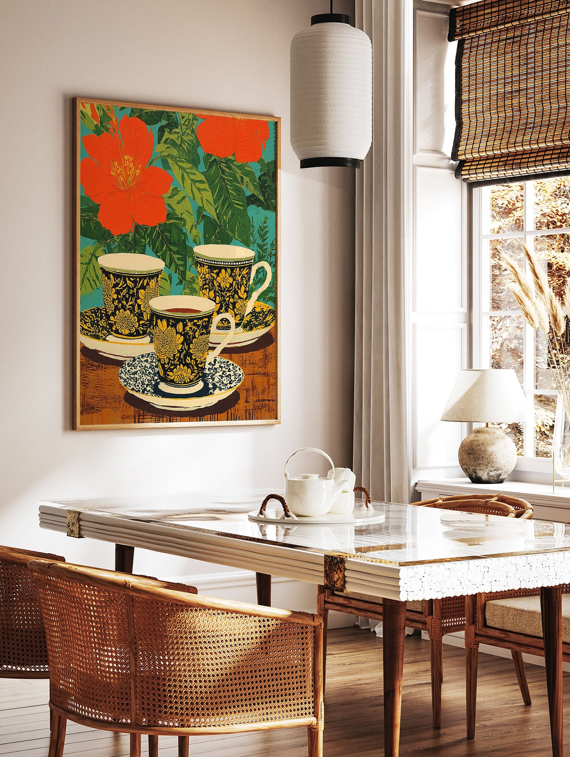 Floral tea cups poster with red flowers, green leaves, and black and yellow patterned cups on a wooden table. - Image 2