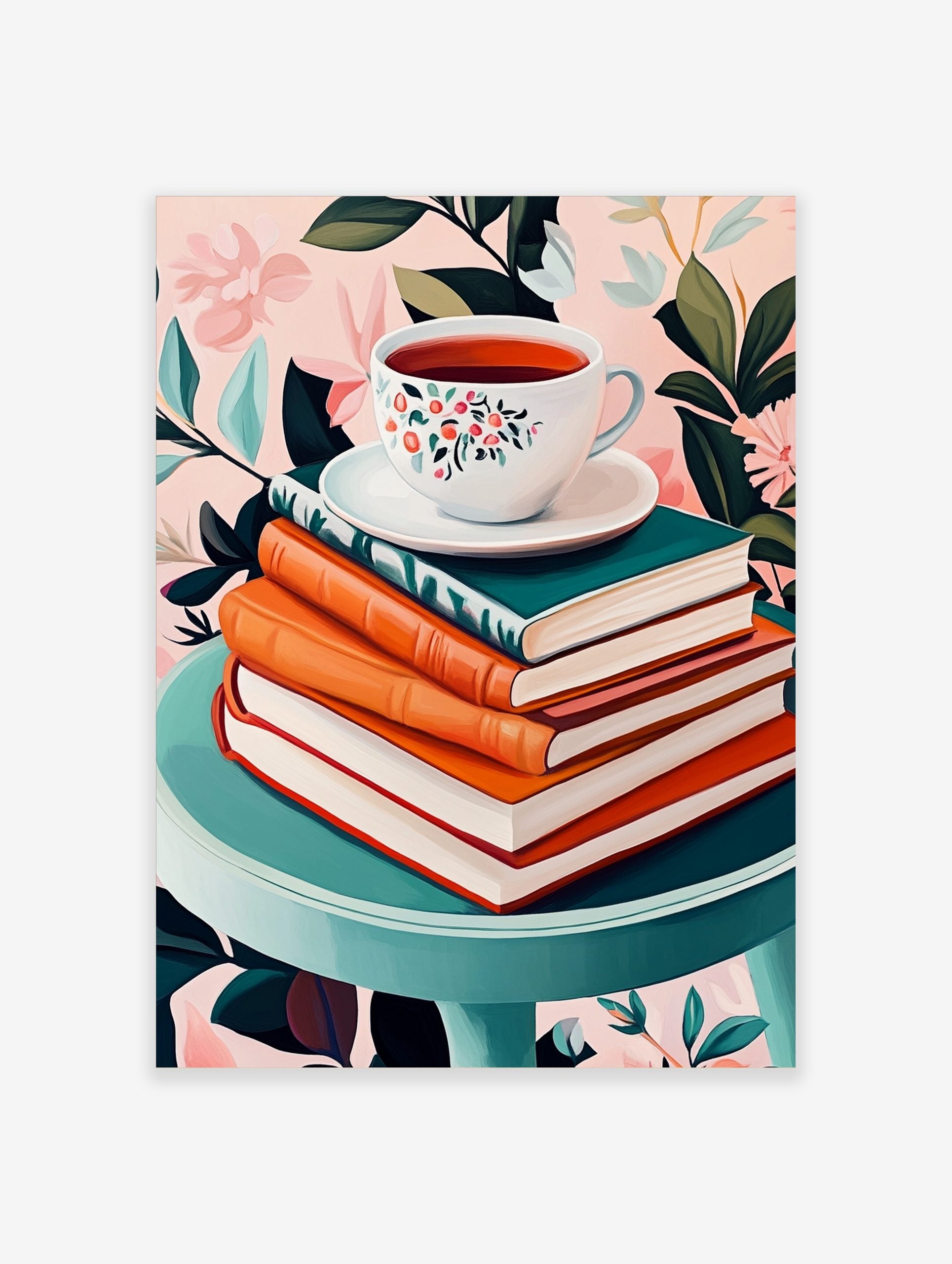 Floral teacup on saucer, stacked books, teal table, pink botanical background still life print