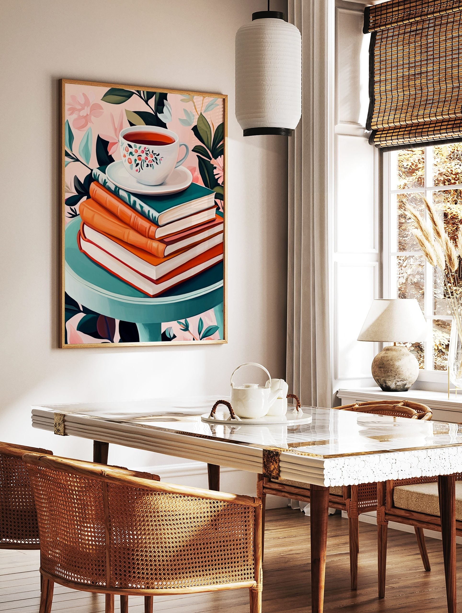 Floral teacup on saucer, stacked books, teal table, pink botanical background still life print, in a styled room mockup