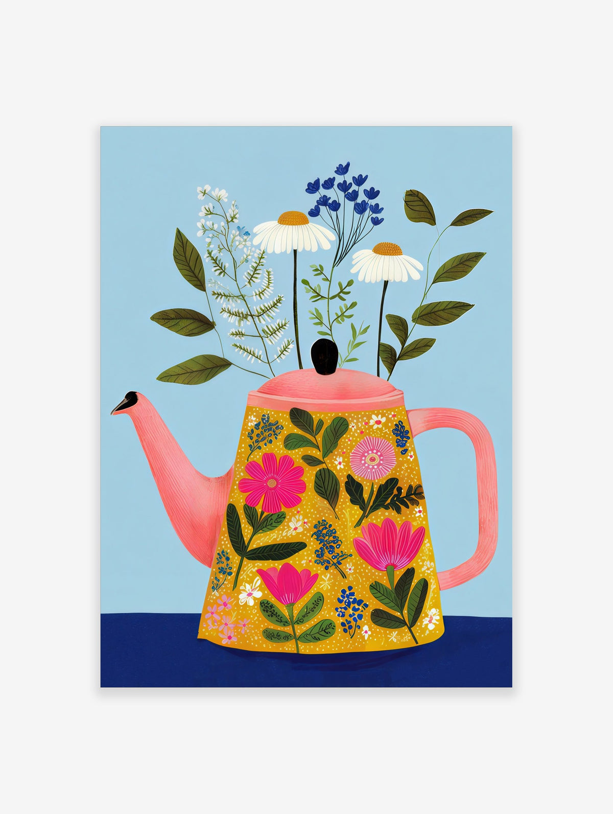 Illustrative print of a floral teapot with pink, white, and blue flowers, green leaves, on light blue background
