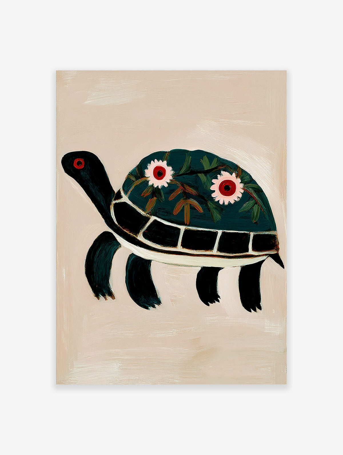 Illustrative dark green turtle wall art print with floral decorated shell and red eyes on beige background