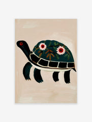 Illustrative dark green turtle wall art print with floral decorated shell and red eyes on beige background