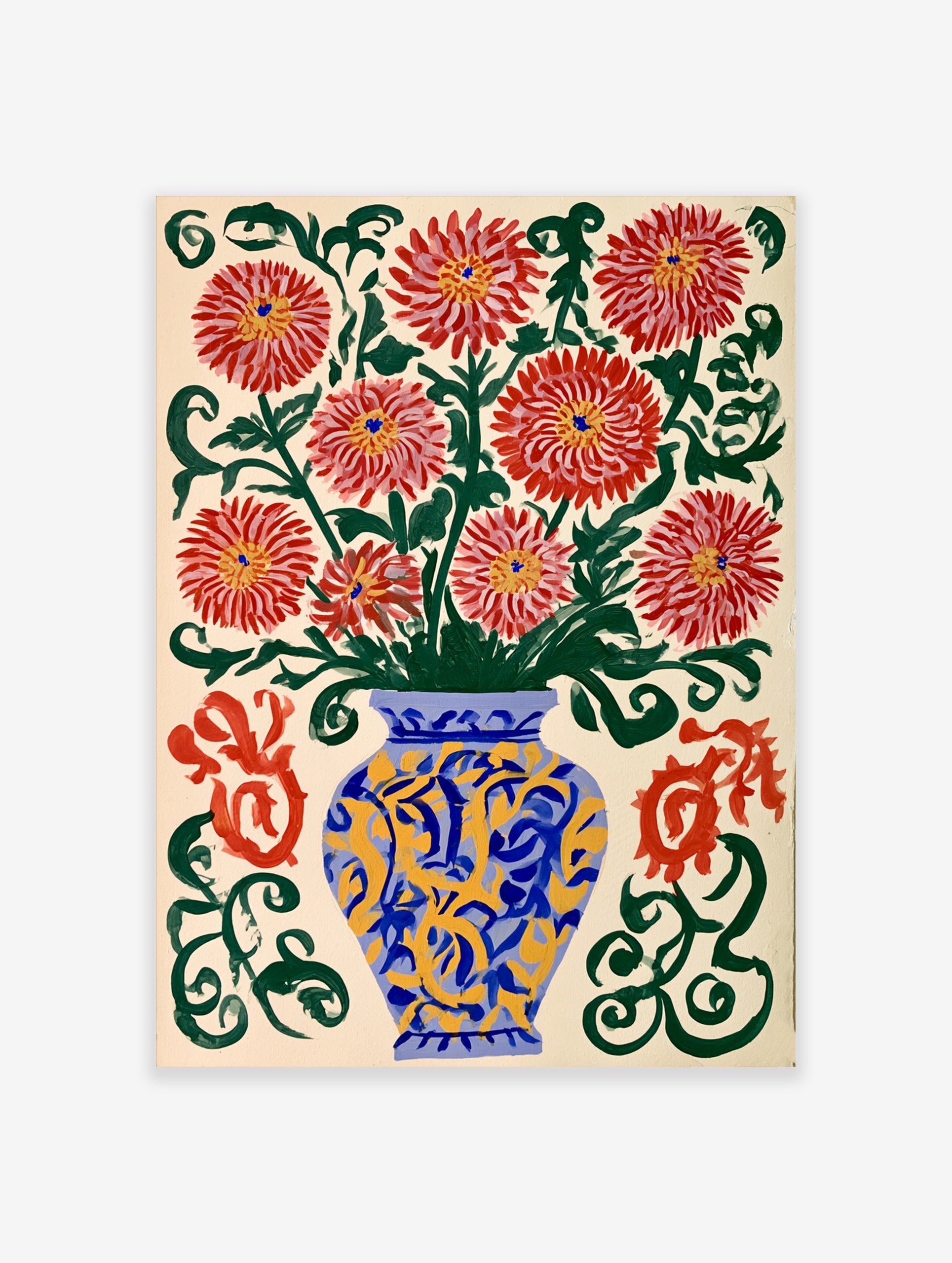 Illustrative red chrysanthemum flowers in a blue and yellow vase with green swirls on a cream background wall art print