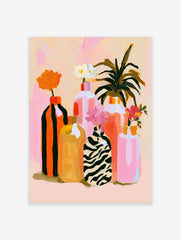 Abstract floral vase wall art with zebra print and striped bottles on a soft pink background