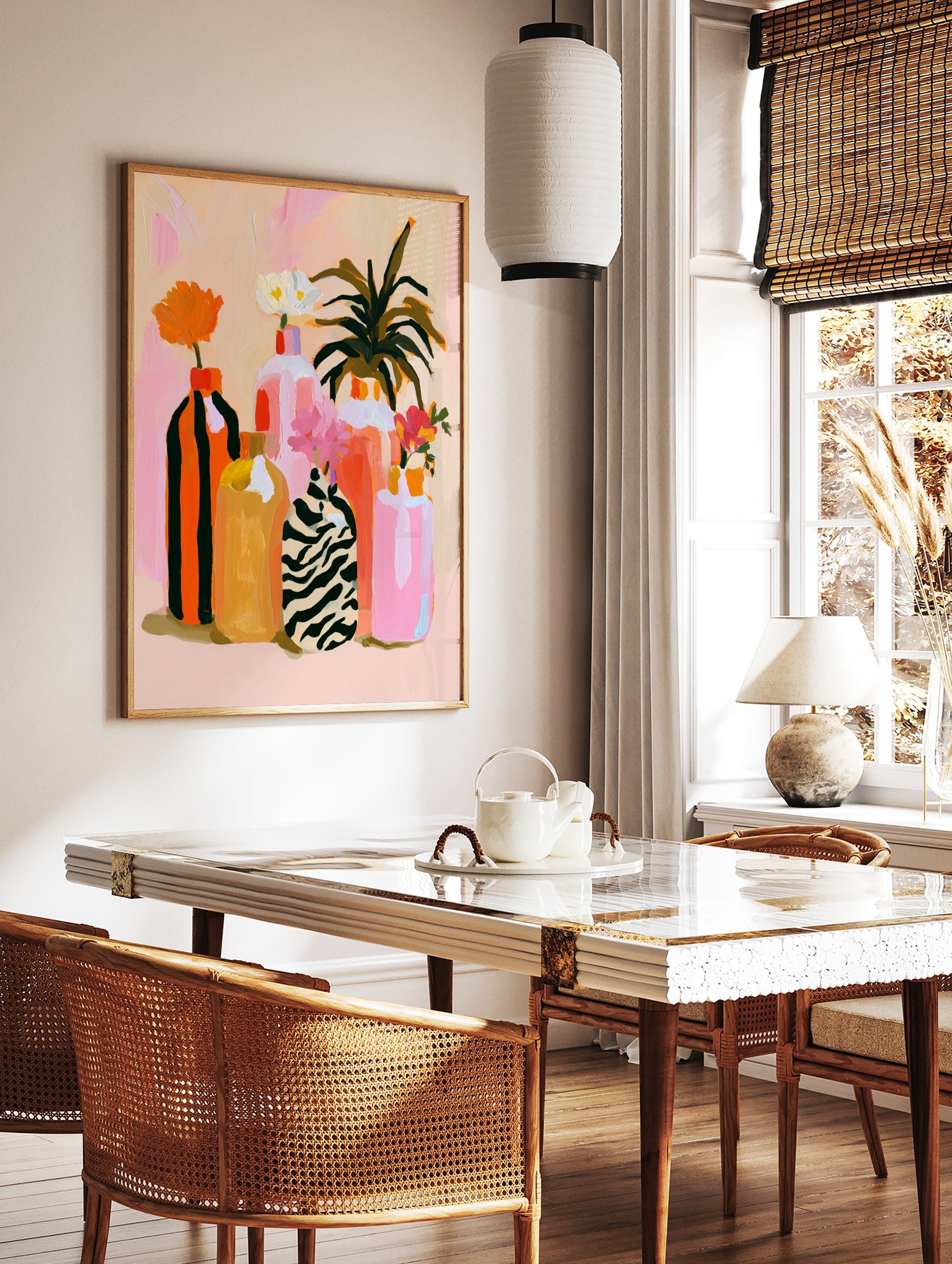 Abstract floral vase wall art with zebra print and striped bottles on a soft pink background, in a styled room mockup