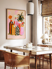 Abstract floral vase wall art with zebra print and striped bottles on a soft pink background, in a styled room mockup
