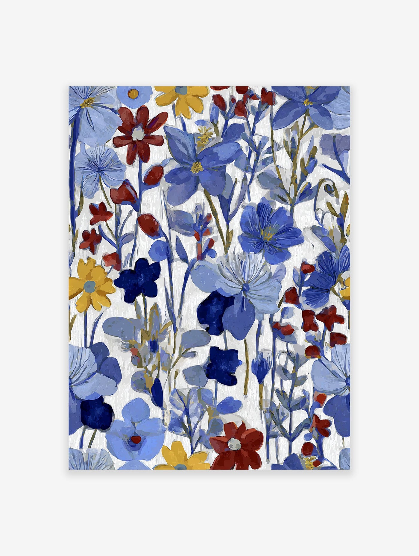 Vibrant floral wall art with blue, red, and yellow painted flowers on a white background.
