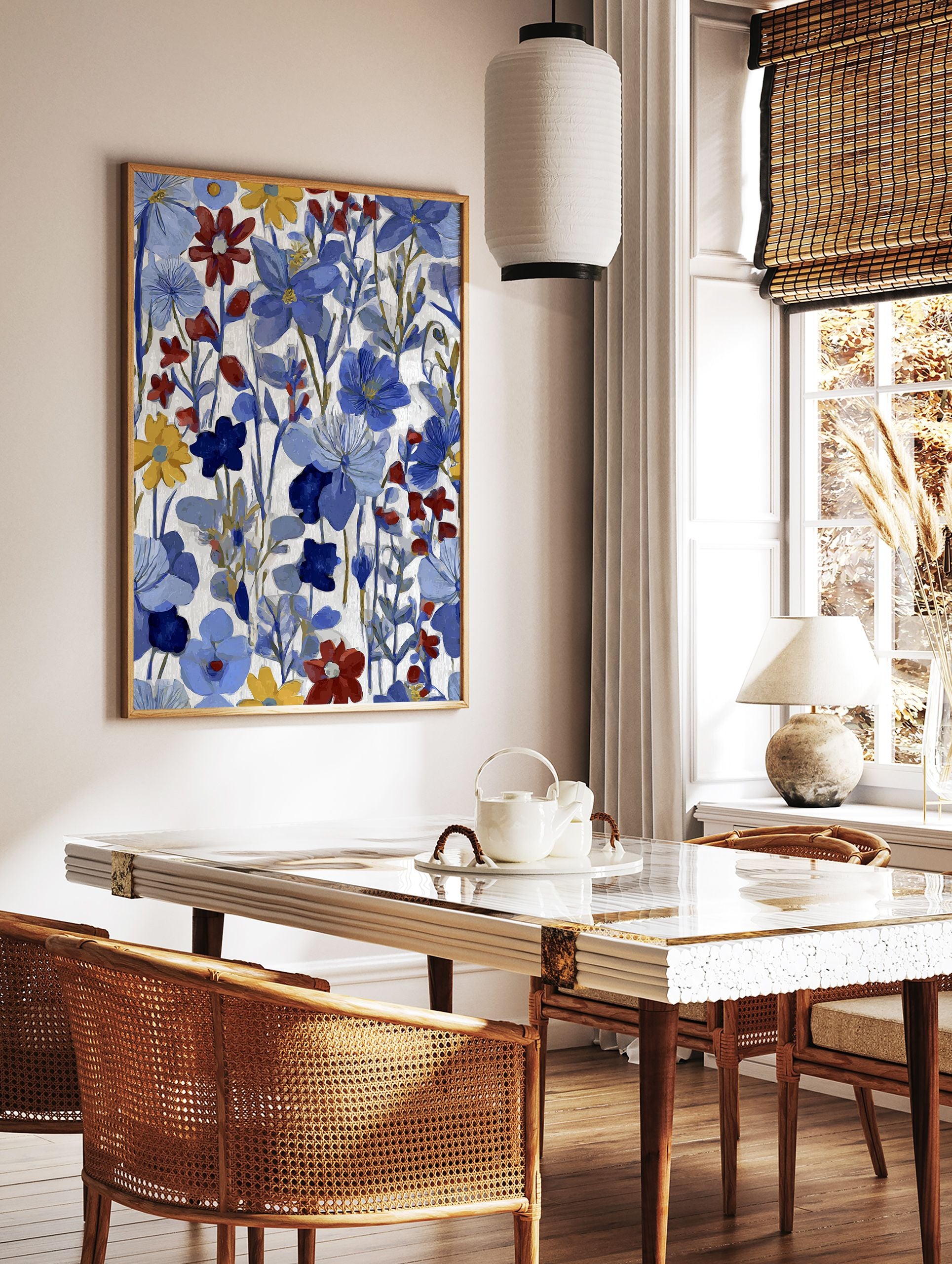 Vibrant floral wall art with blue, red, and yellow painted flowers on a white background. - Image 2