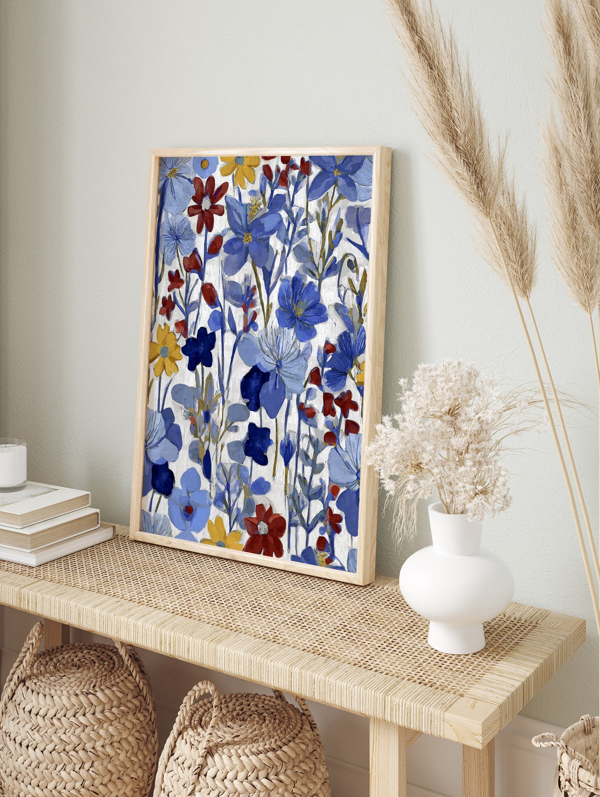 Vibrant floral wall art with blue, red, and yellow painted flowers on a white background. - Image 3