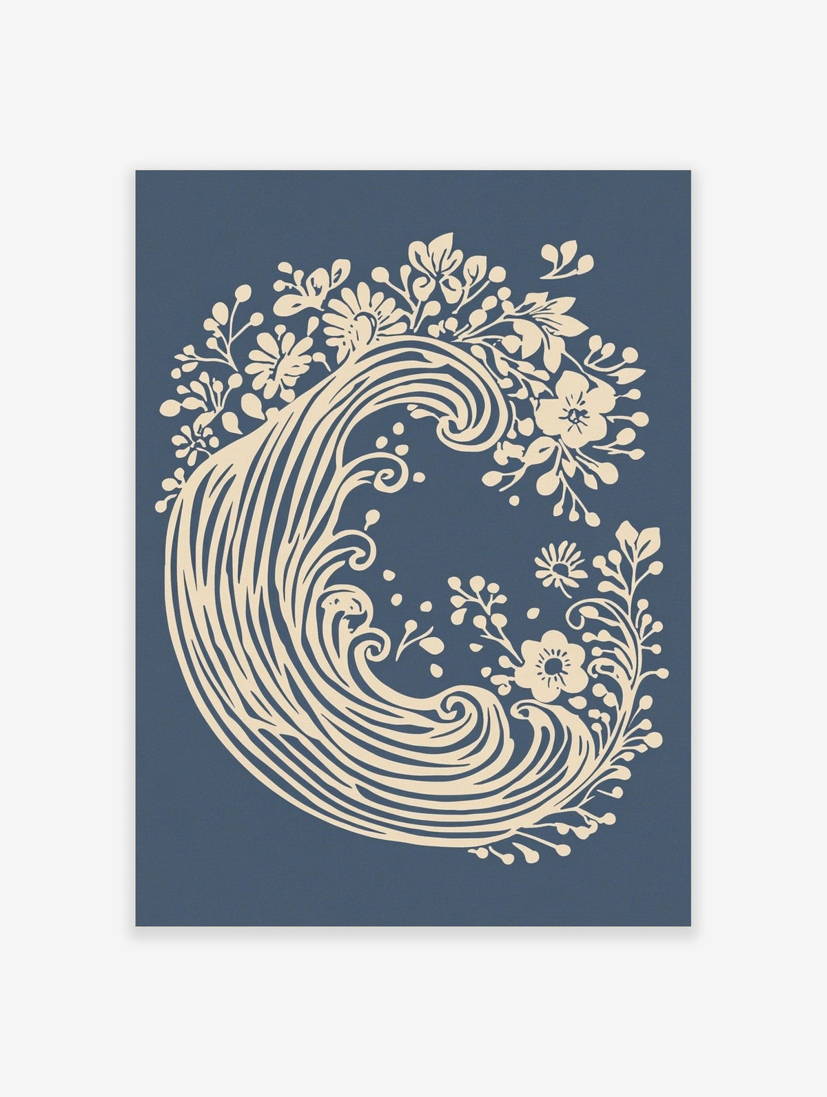 Cream floral wave botanical art print on a deep blue background, unframed