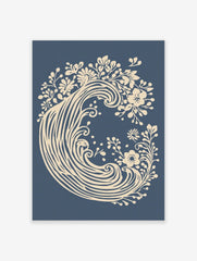 Cream floral wave botanical art print on a deep blue background, unframed