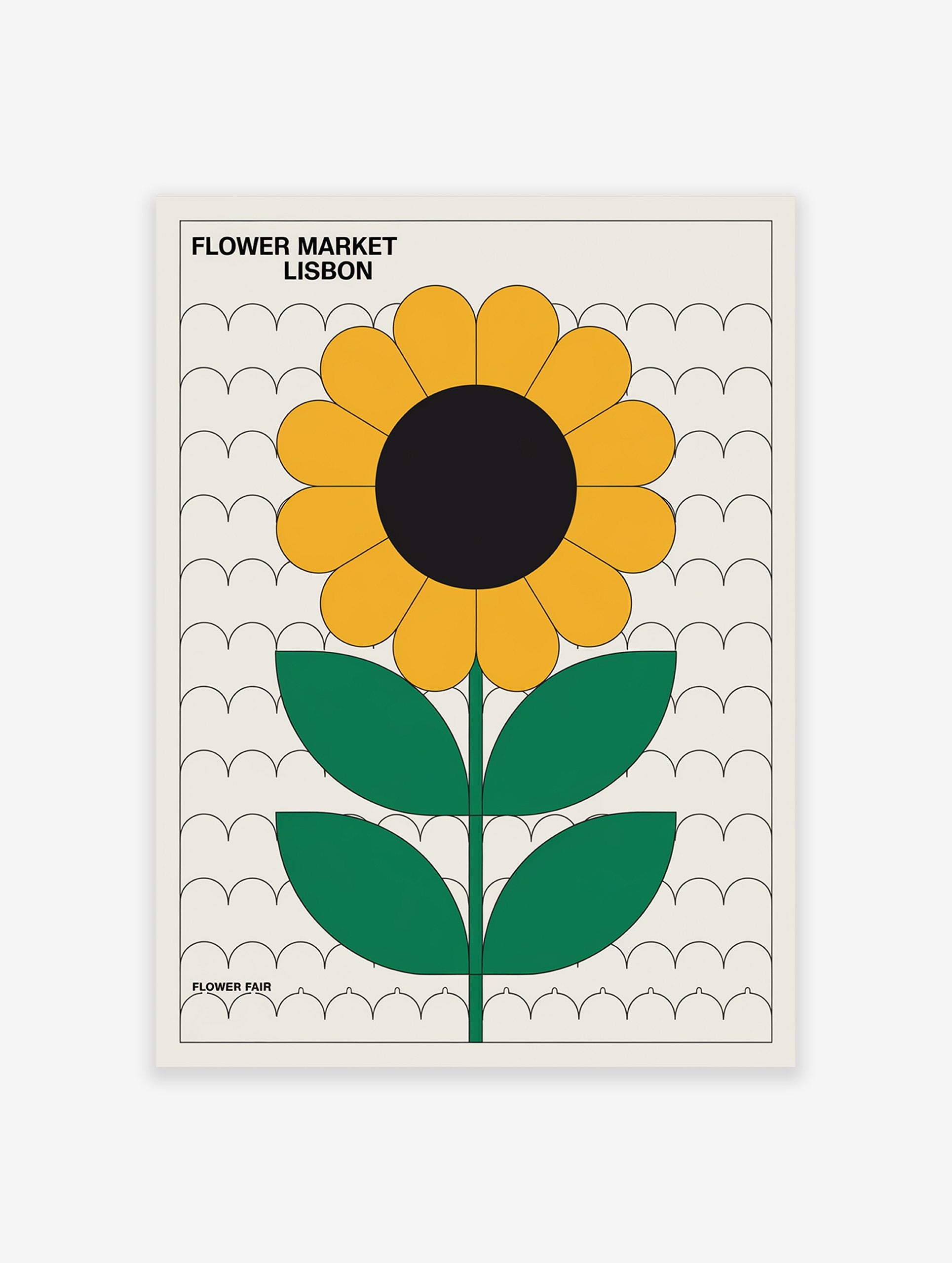 Flower Market Lisbon poster featuring a minimalist retro yellow sunflower illustration with green leaves and a black center on an off-white background.