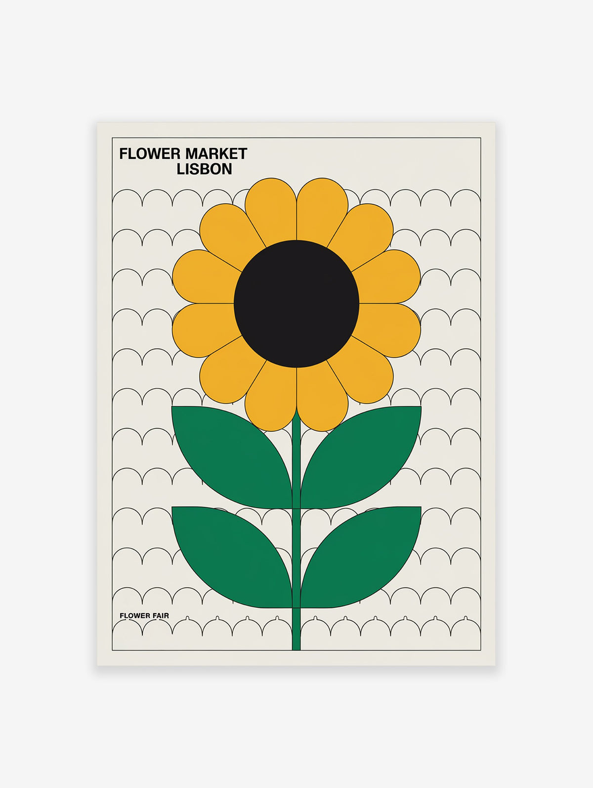 Flower Market Lisbon poster featuring a minimalist retro yellow sunflower illustration with green leaves and a black center on an off-white background.