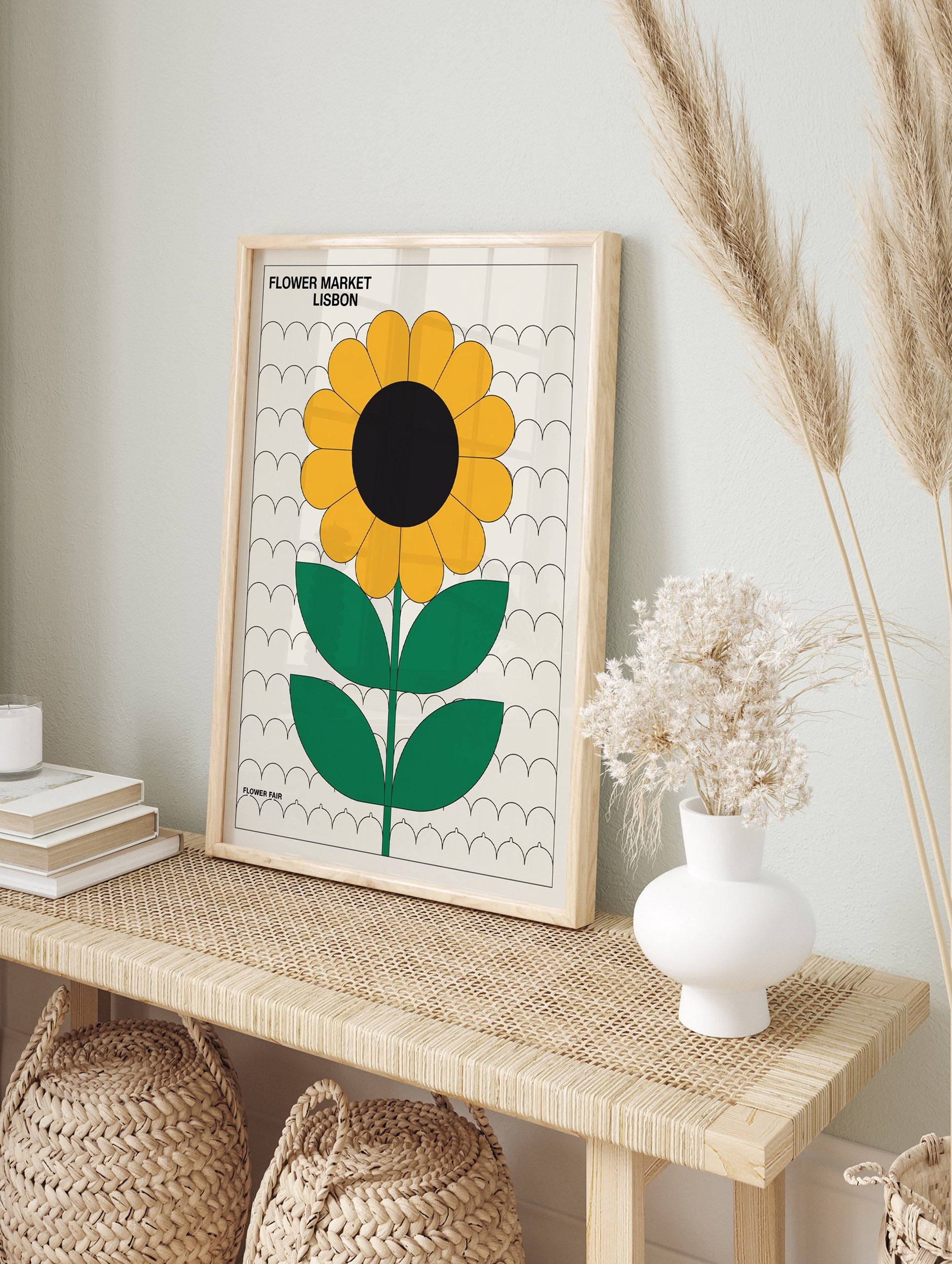 Flower Market Lisbon poster featuring a minimalist retro yellow sunflower illustration with green leaves and a black center on an off-white background. - Image 4