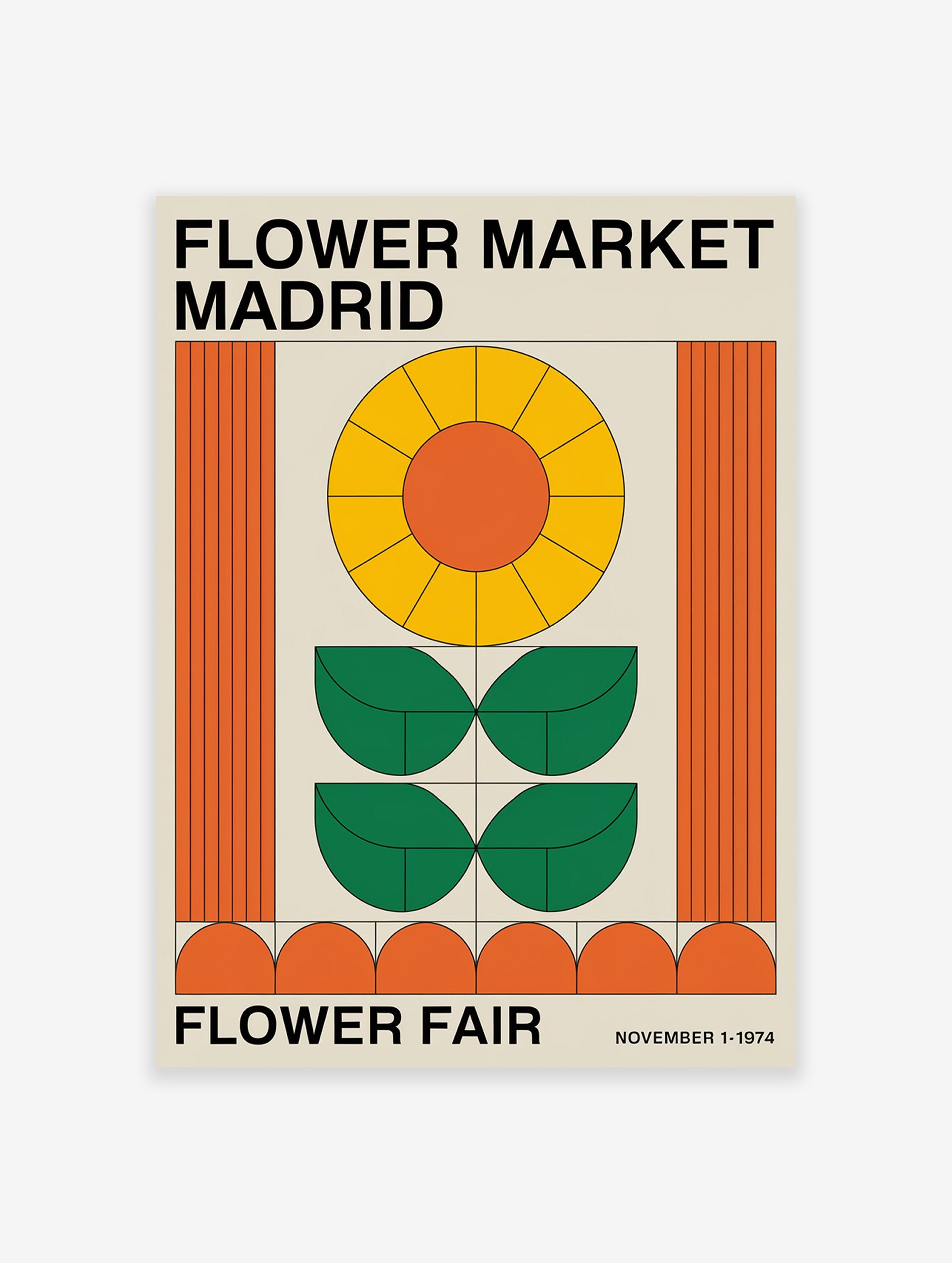 Flower Market Madrid poster with a retro geometric sunflower design in orange, yellow, and green on a beige background.