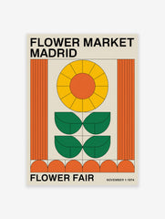 Flower Market Madrid poster with a retro geometric sunflower design in orange, yellow, and green on a beige background.