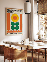 Flower Market Madrid poster with a retro geometric sunflower design in orange, yellow, and green on a beige background. - Image 2