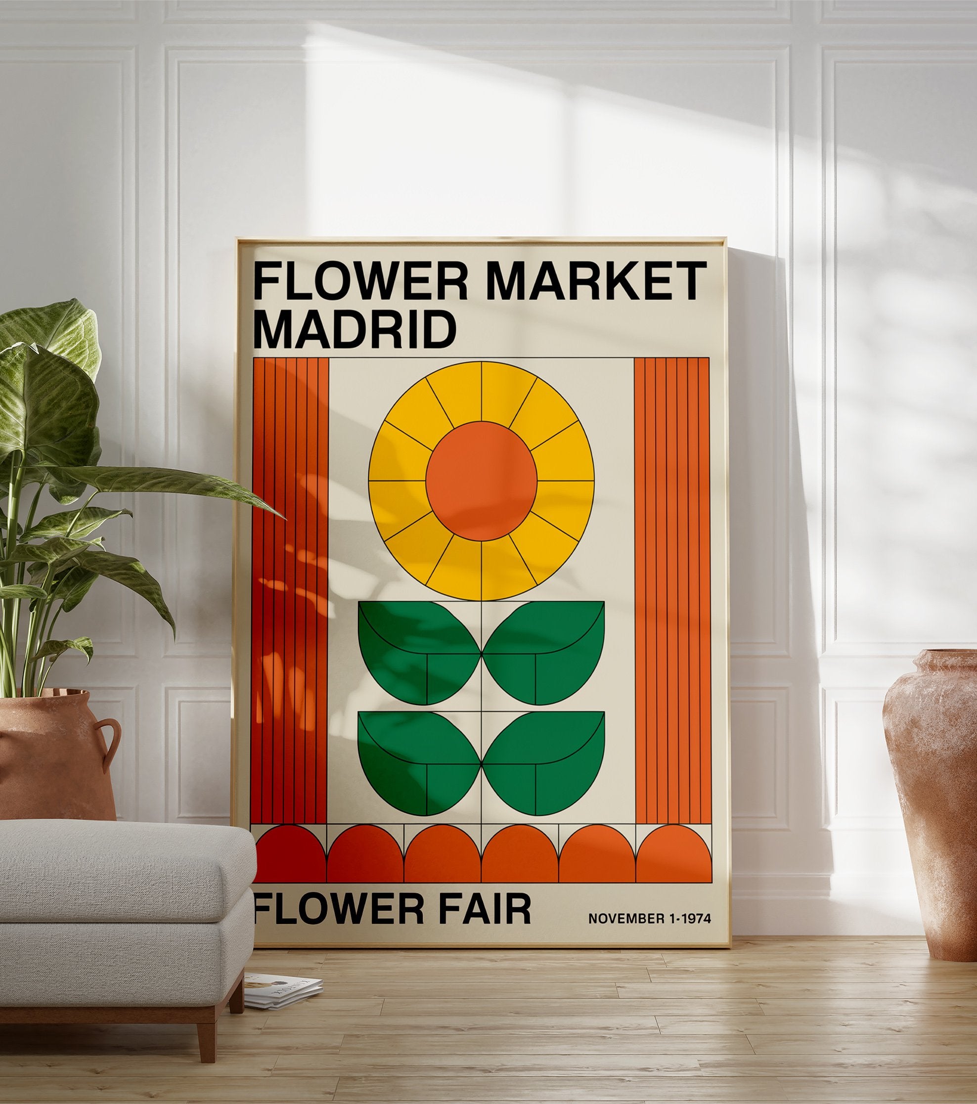 Flower Market Madrid poster with a retro geometric sunflower design in orange, yellow, and green on a beige background. - Image 3