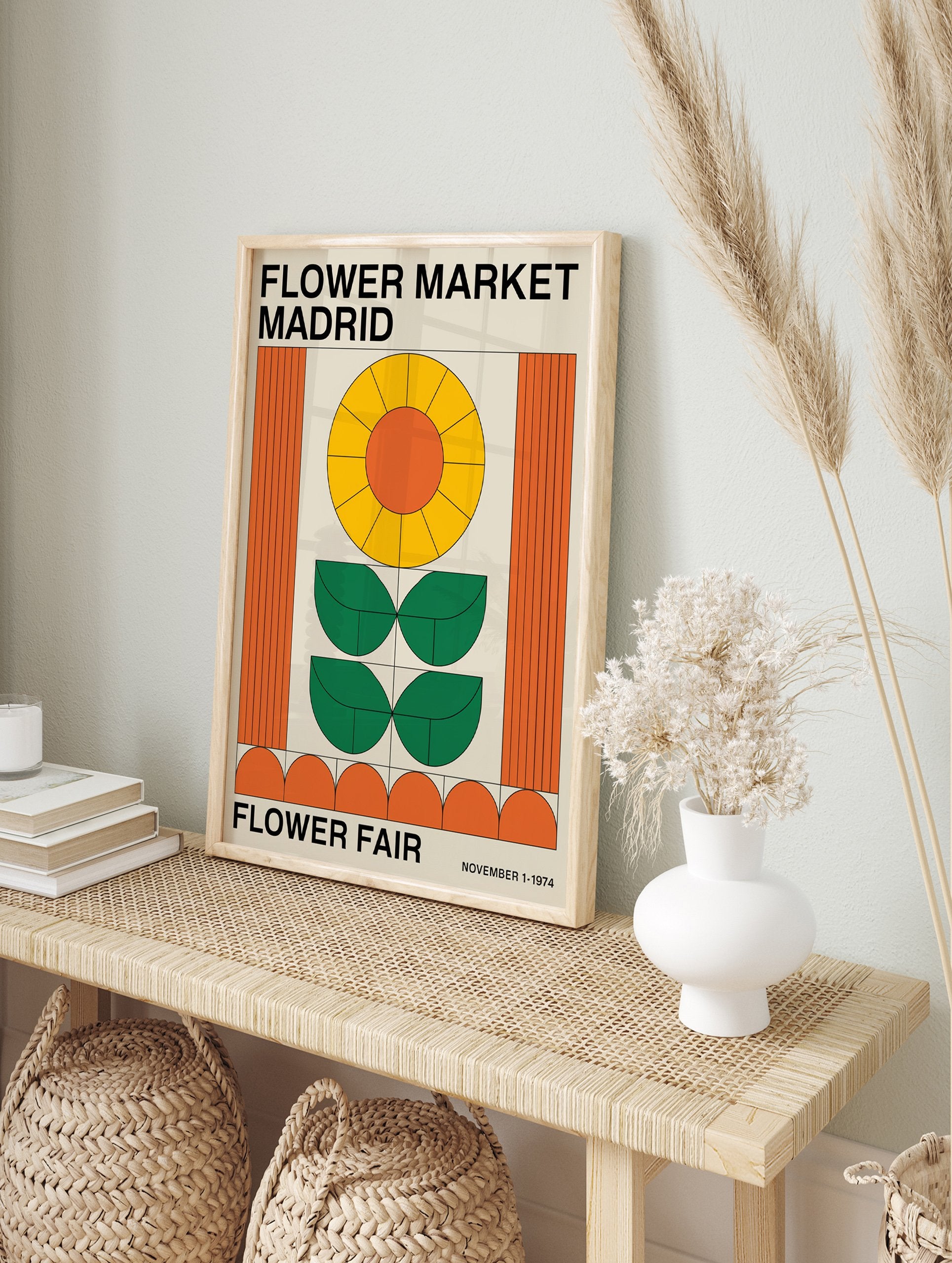 Flower Market Madrid poster with a retro geometric sunflower design in orange, yellow, and green on a beige background. - Image 4